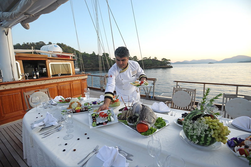 Blue cruise dining on board Kaptan Kadir gulet