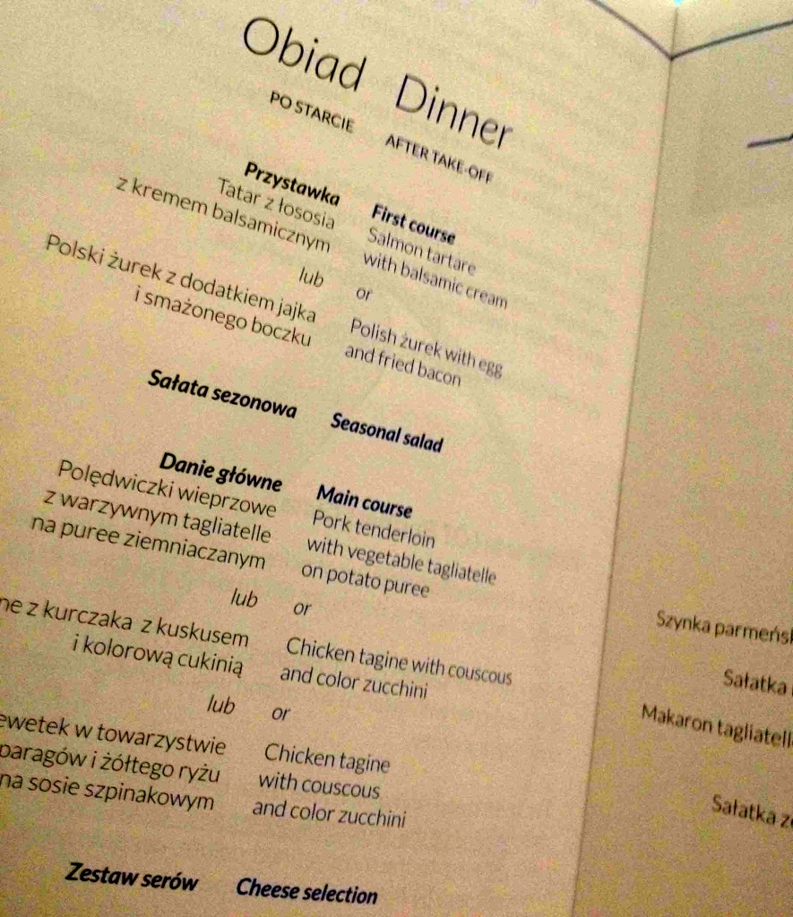 Business Class menu on LOT airlines