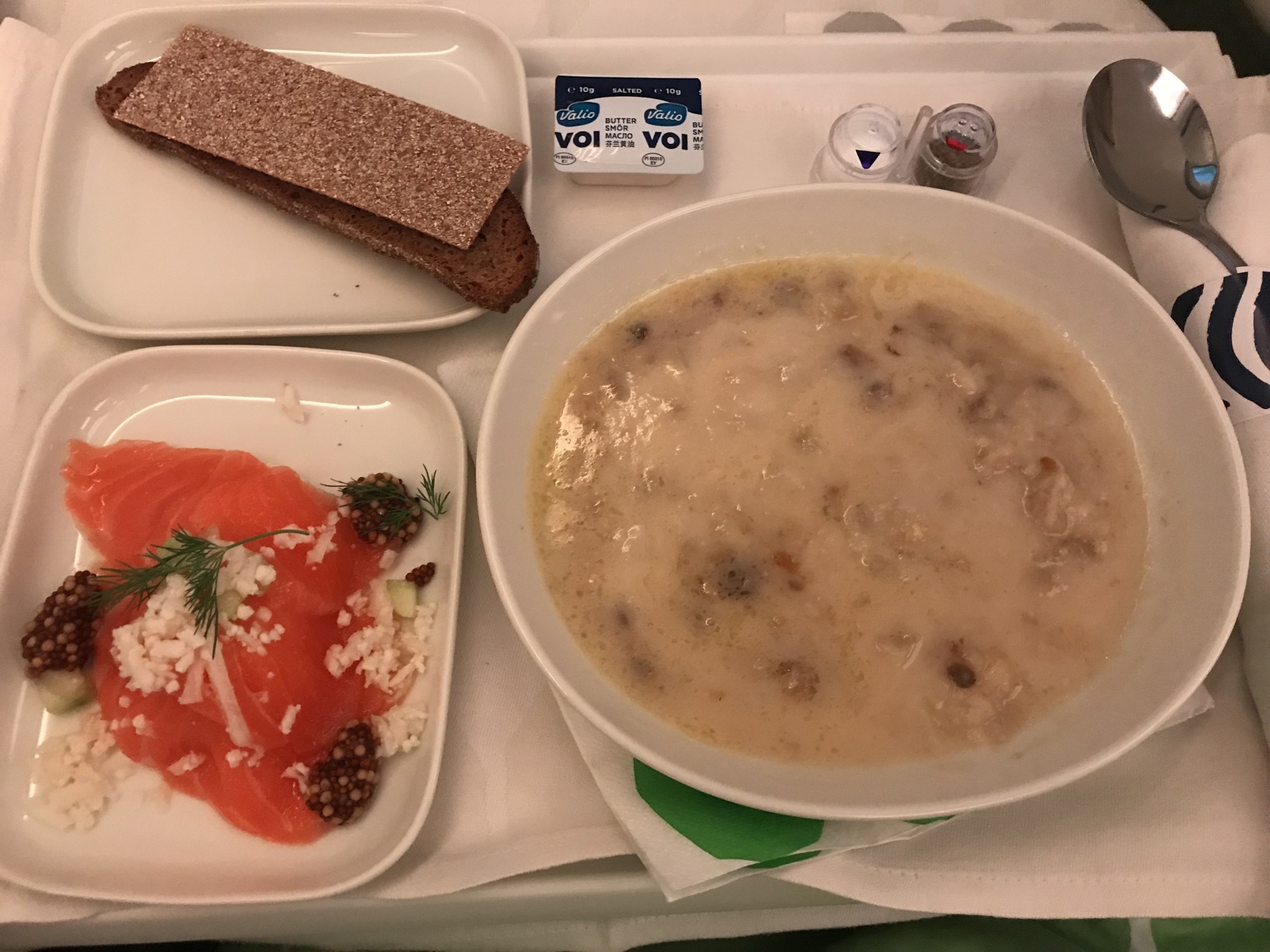 Dinner on board Finnair Business Class flight 